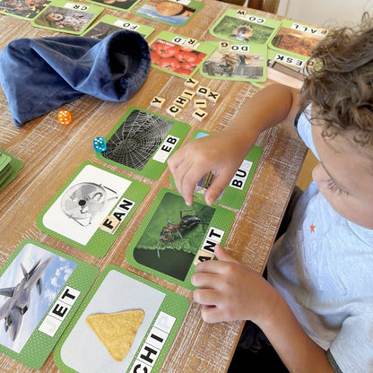 Spelling Word Game with 224 Picture Flash Cards, 208 Wooden Letter Tiles and Two Dice for Ages Four Plus