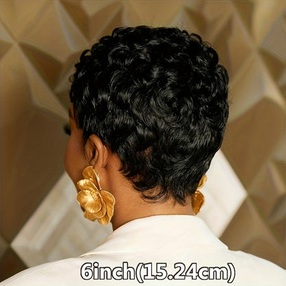 Glueless Human Hair Wig Short Curly Pixie Cut with Bangs – 180% Density Brazilian Remy Natural Black, Layered Loose Curly Bob Machine Made Cap for Women, Lightweight Comfortable Daily Wear, 6 Inch