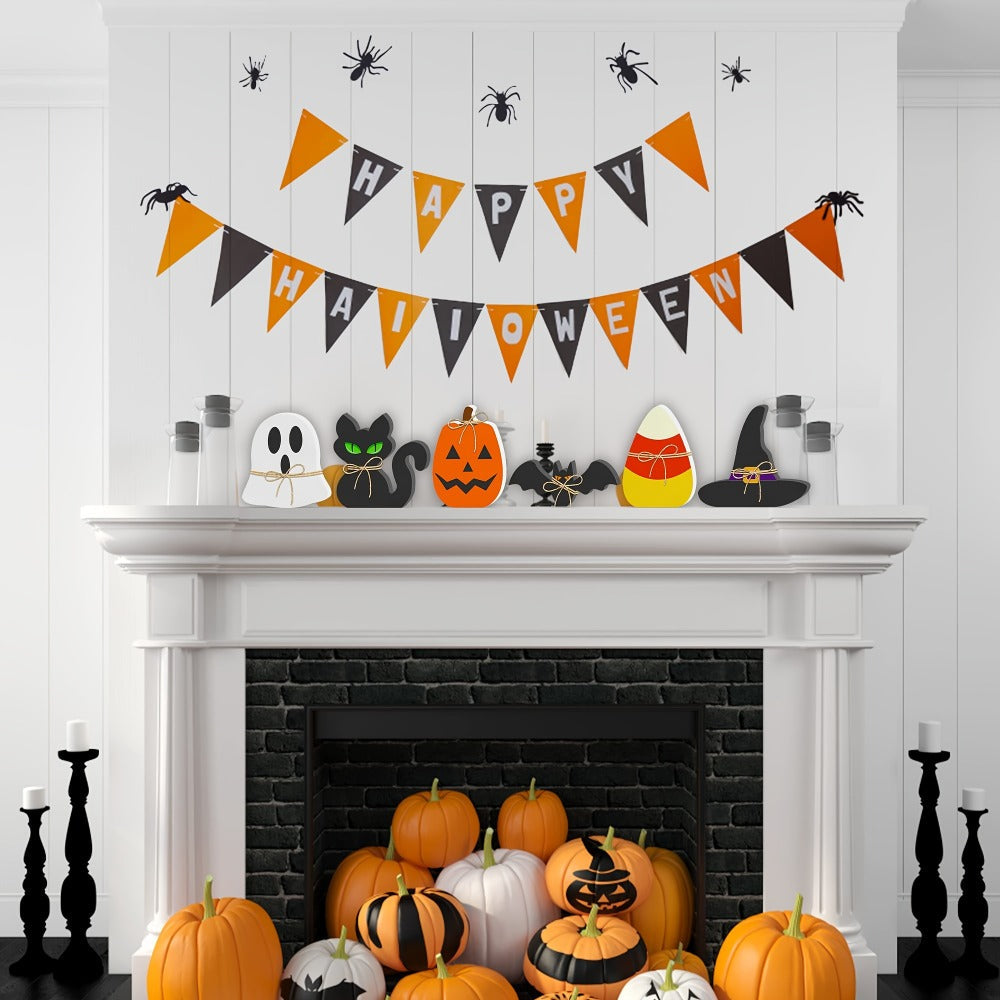 Halloween Wooden Decorations Set of 6 – Freestanding Rustic Table Signs with Pumpkin, Ghost, Bat, Black Cat, Witch Hat & Candy Corn, Farmhouse Tiered Tray & Mantle Decor