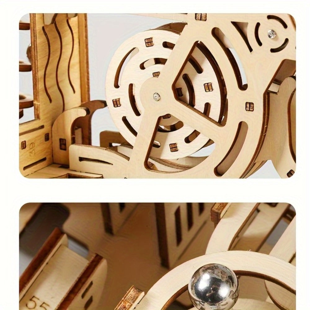 Wooden Marble Track Model Kit with Dual-Linkage A or B Builds, Laser-Cut Panels, Gears and Ball Rails