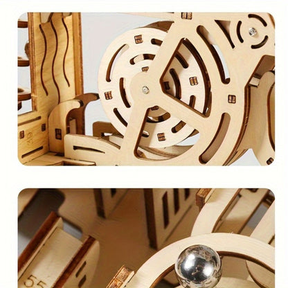 Wooden Marble Track Model Kit with Dual-Linkage A or B Builds, Laser-Cut Panels, Gears and Ball Rails
