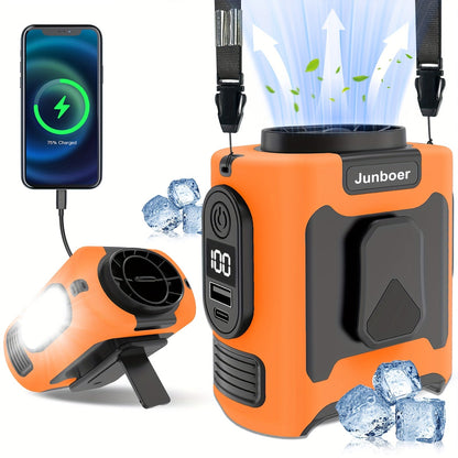 Portable Waist Fan with 10000mAh Power Bank – Wearable Belt Fan, 5-Speed 30000RPM, 40-Hour Cooling, Hands-Free Neck Fan with Dual Clips & Flashlight for Outdoor Camping Travel