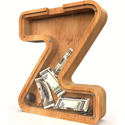 Wooden Alphabet Letter Coin Bank with Clear Front Panel and 23 Fixed Initial Options for Display
