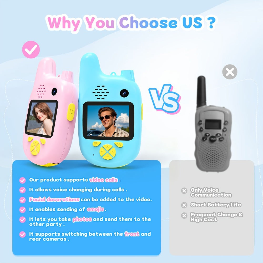 Kids Video Walkie Talkies 2 Pack with Video Call, Voice Changer & Dual Camera – Long Range Outdoor Toy, Birthday Gift for Boys Girls Age 4+, Indoor Camping Hiking Play