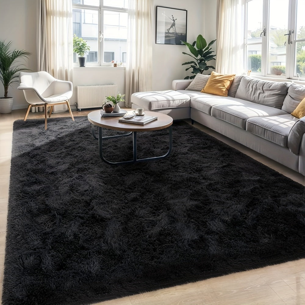 Area Rug, Black Rectangular Shaggy Microfiber Style in 4x6, 5x8, 6x9 or 8x10 Feet with Machine-Wash Care