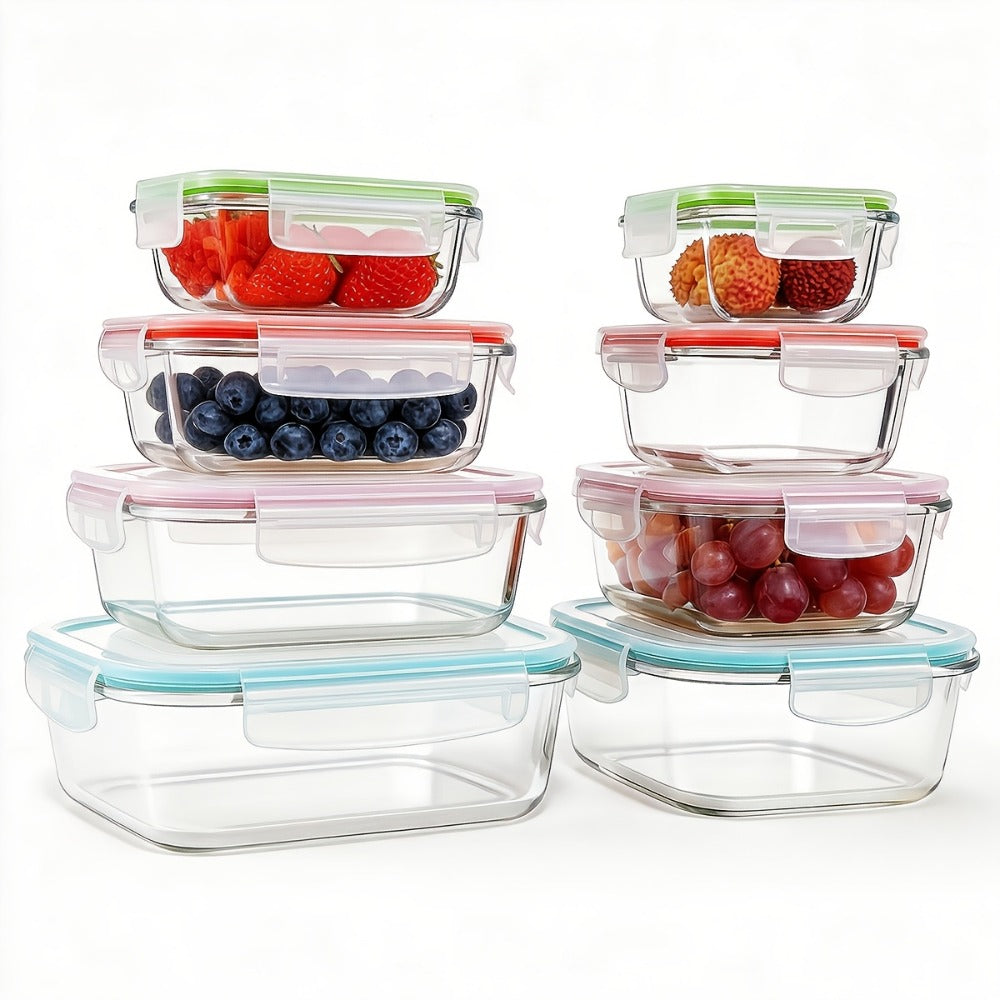 Sixteen-Piece Glass Food Storage Set with Eight Bowls and Eight Lids in Four Color Configurations