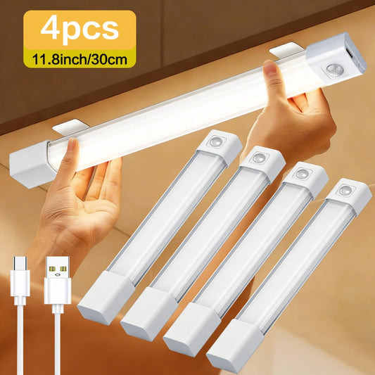 Motion Sensor LED Cabinet Light 4 Pack USB Powered - 3 Color Modes, Wireless Under Cabinet Lighting Bar, Adhesive Mount for Kitchen, Closet, Wardrobe, Hallway & Bedroom (7.87" / 11.81")