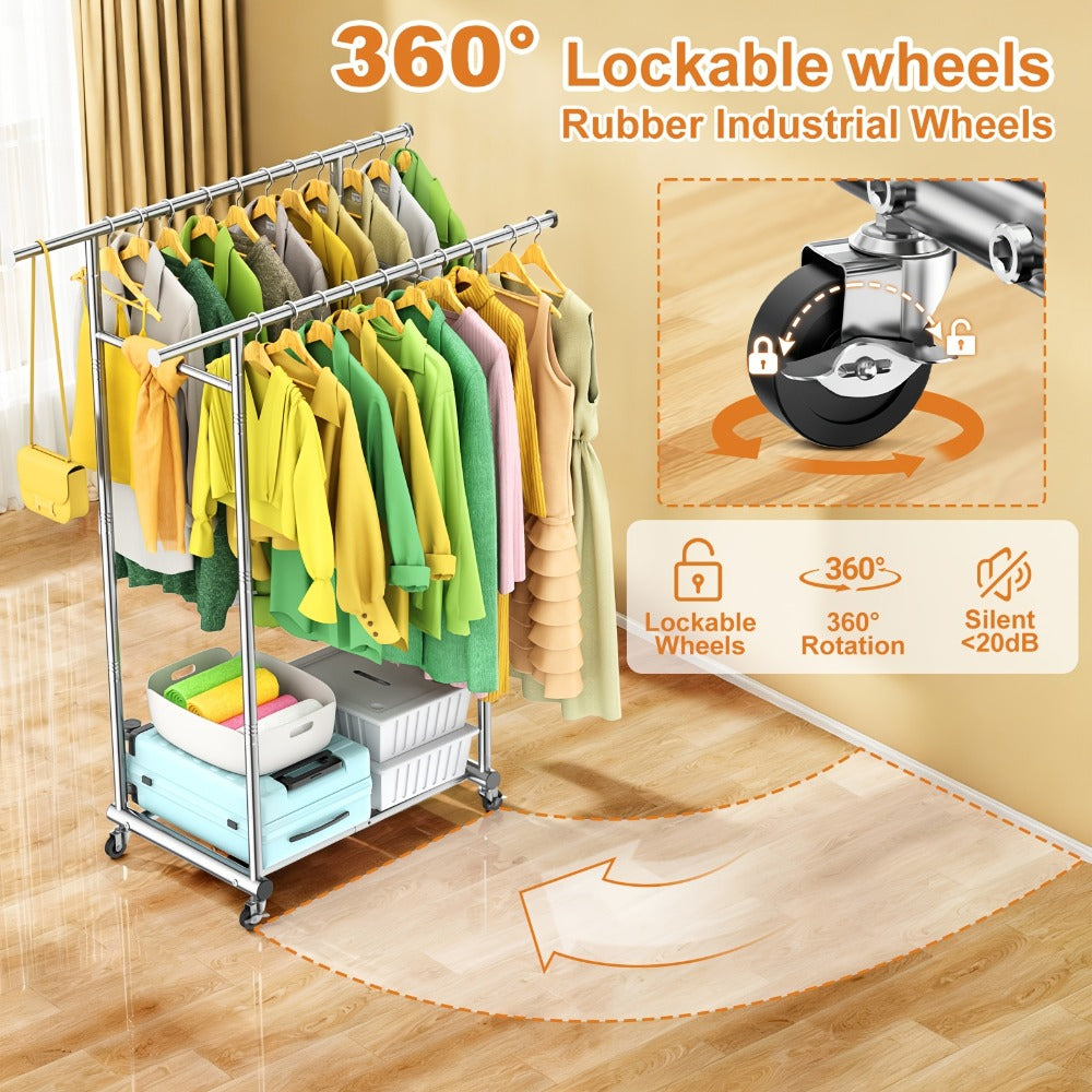 Portable Clothes Rack with Wheels – Heavy Duty Double Rod Garment Rack with Shelves & Hooks | Metal Rolling Clothing Rack for Hanging Clothes | Multi-Functional Closet Rack for Bedroom & Laundry Room