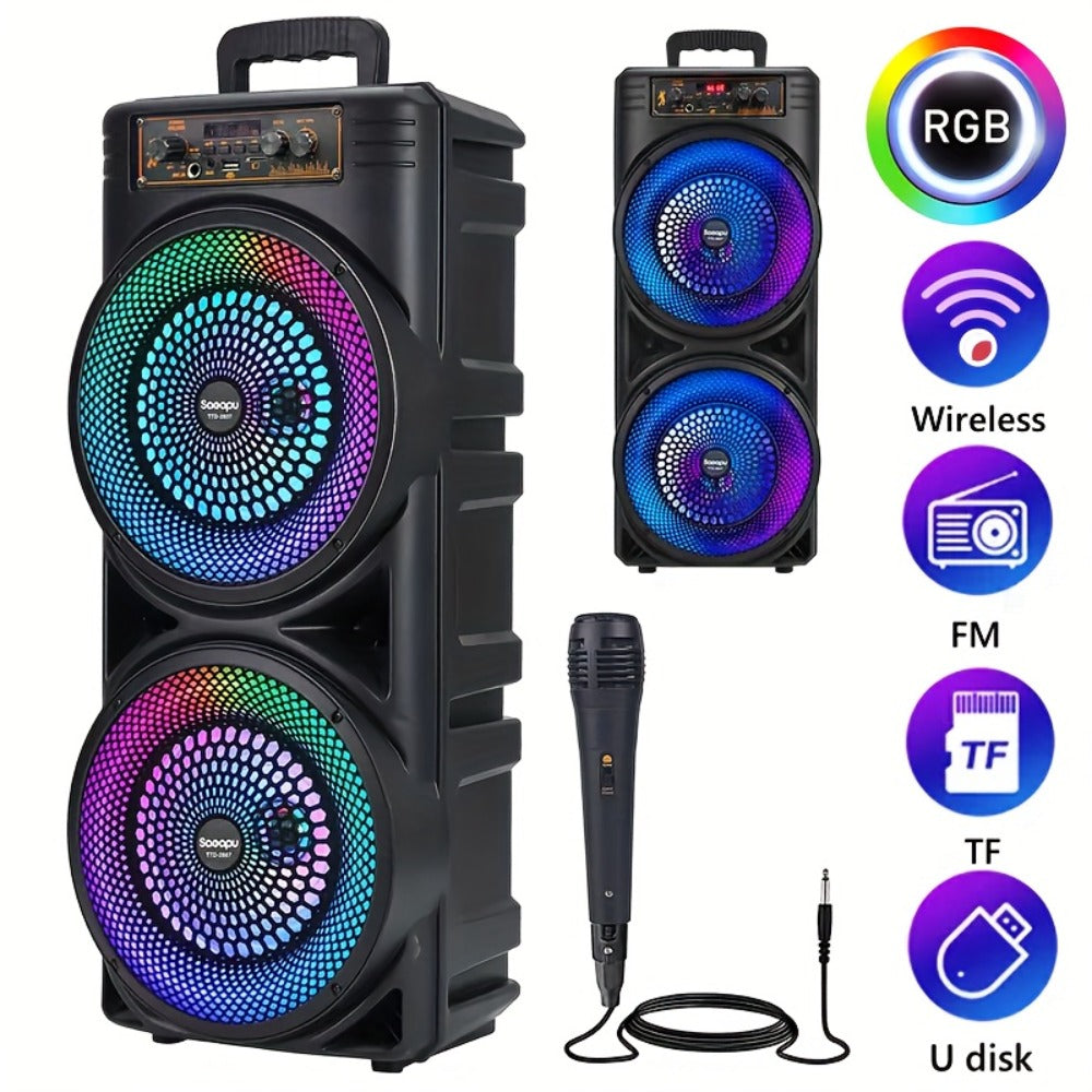 Dual 8.5-Inch Portable Party Speaker with RGB Lights, Bluetooth, TWS, FM, USB and Built-In Microphone
