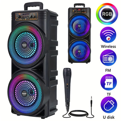 Dual 8.5-Inch Portable Party Speaker with RGB Lights, Bluetooth, TWS, FM, USB and Built-In Microphone