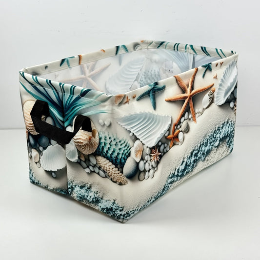 Fabric Storage Basket with Beach Shell and Starfish Print for Shelves and Room Organization