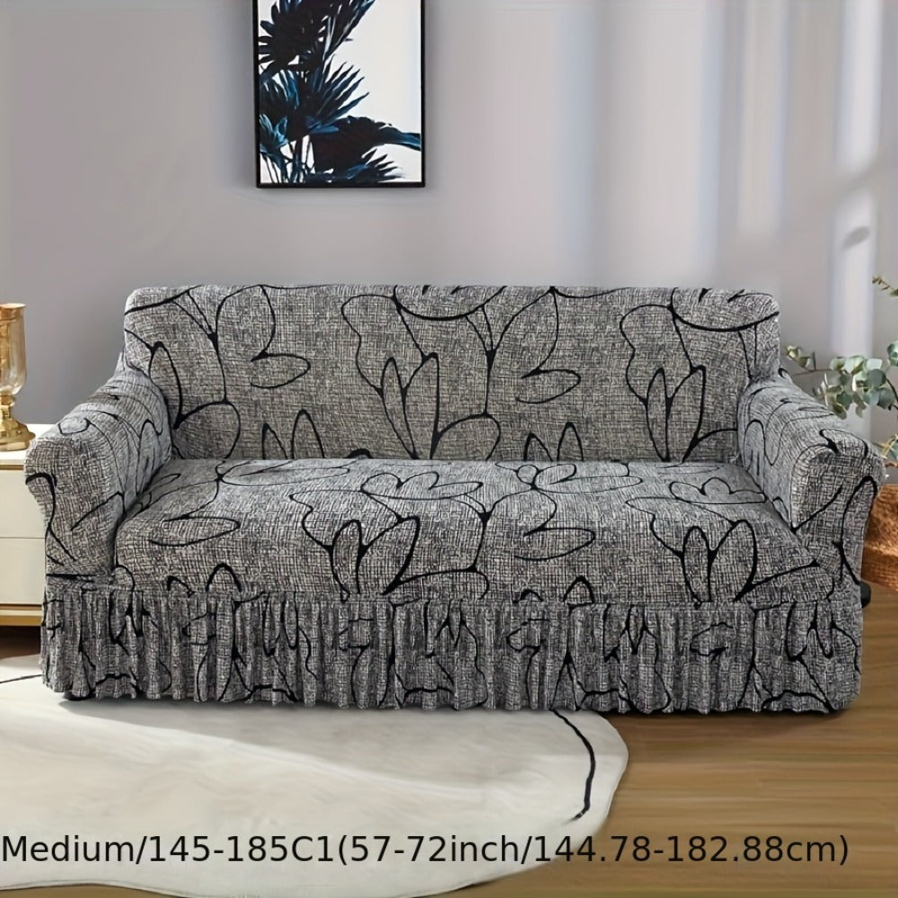 Sofa Cover Gray Printed Skirt Slipcover with Elastic Stretch Fit for 1, 2, 3 or 4-Seater Sofas