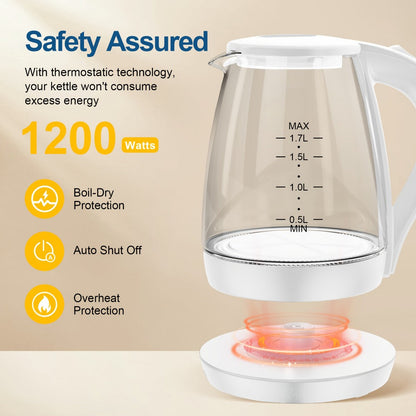 Glass Electric Kettle 1200W Fast Boiling – 57.48oz Tea Kettle with LED Indicator, Auto Shut-Off & Boil-Dry Protection, Elegant Transparent Design for Kitchen, Office & Camping
