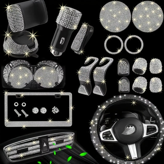 27pcs Bling Car Accessories Set for Women – Steering Wheel Cover 15", Car Coasters, License Plate Frame & Phone Holder, Glitter Interior Kit, Silver, Purple, Pink, Black, Red, Blue