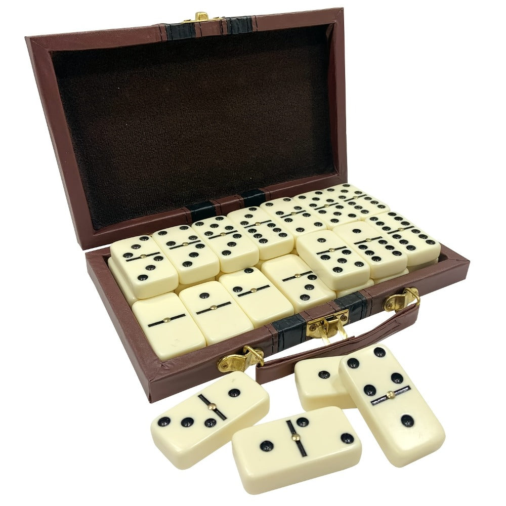 Extra-Large Double-Six Domino Set with 28 Ivory-Color Tiles, Center Spinners and Brown Storage Case