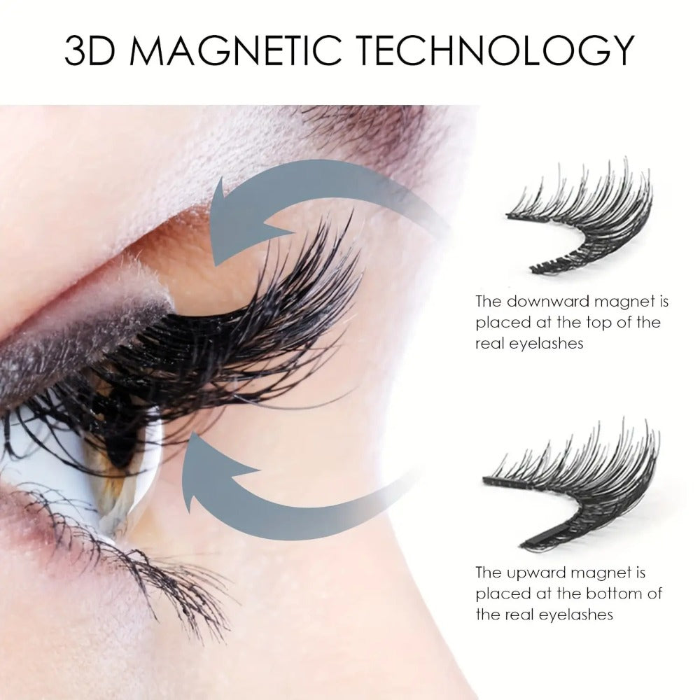 Black Double-Strip Magnetic False Eyelash Set with Round Storage Case and White Applicator