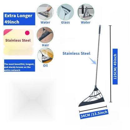 Extra Long Broom 45 Inch – Stainless Steel Handle, Unflagged Bristles, Rubber Sweep for Pet Hair & Debris, Indoor Outdoor Hard Floor Sweeper for Home Office Kitchen