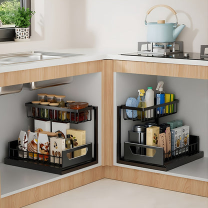 Two-Tier Pull-Out Cabinet Organizer with Upper and Lower Sliding Trays in Grey, Black or White Package Options