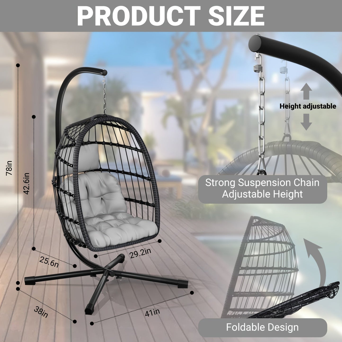 Rattan Wicker Hanging Egg Chair with Stand, Aluminum Frame and 11 Cushion and Size Options