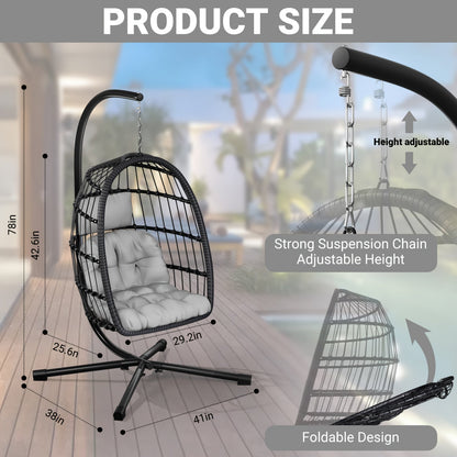Rattan Wicker Hanging Egg Chair with Stand, Aluminum Frame and 11 Cushion and Size Options