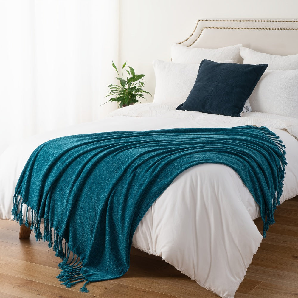 Chenille Fringe Throw Blanket – 180-200gsm Velvety Soft Decorative Throw for Sofa & Couch, Home Decor, 50”×60”, 17 Colors