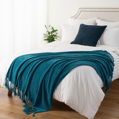 Chenille Fringe Throw Blanket – 180-200gsm Velvety Soft Decorative Throw for Sofa & Couch, Home Decor, 50”×60”, 17 Colors