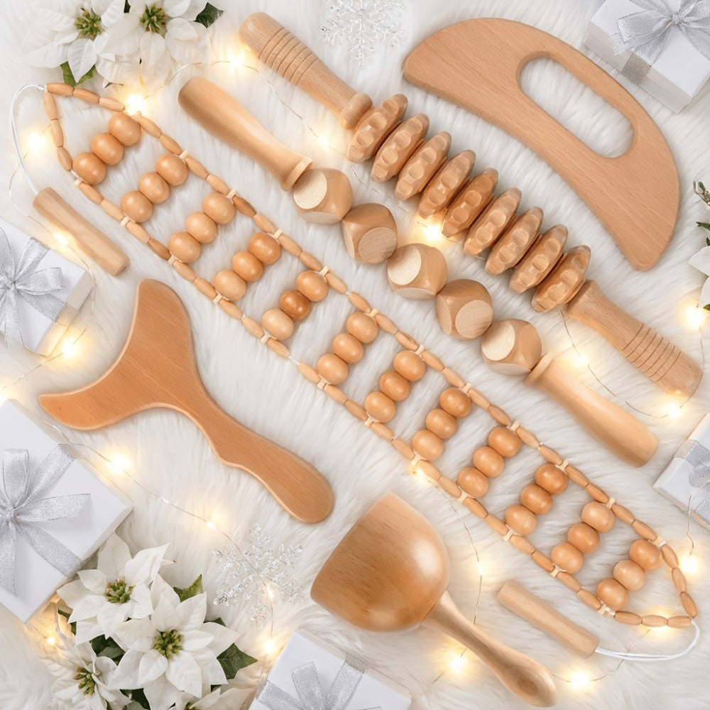 Wooden Manual Massage Tool Set, Six-Piece Roller and Scraping Kit with Textured Heads for Face, Neck and Body