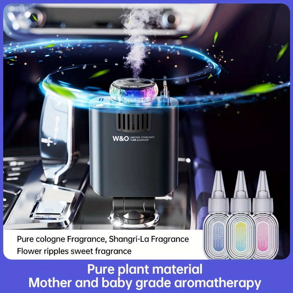 3-in-1 Car Charger, Air Freshener & Starry Sky Ceiling Light – Retractable Type-C & Lightning Cable, Aromatherapy Perfume, Purple Ambient Light, for iPhone & Android