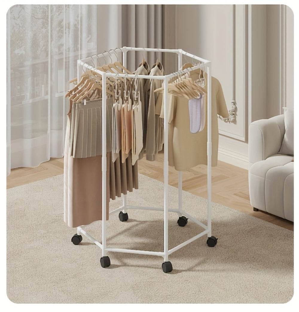 Rotating Hexagonal Garment Rack with Six-Sided Hanging Frame, Casters and Black or White Mesh-Bag Options