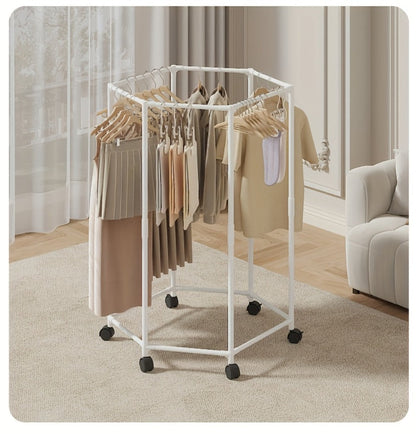 Rotating Hexagonal Garment Rack with Six-Sided Hanging Frame, Casters and Black or White Mesh-Bag Options