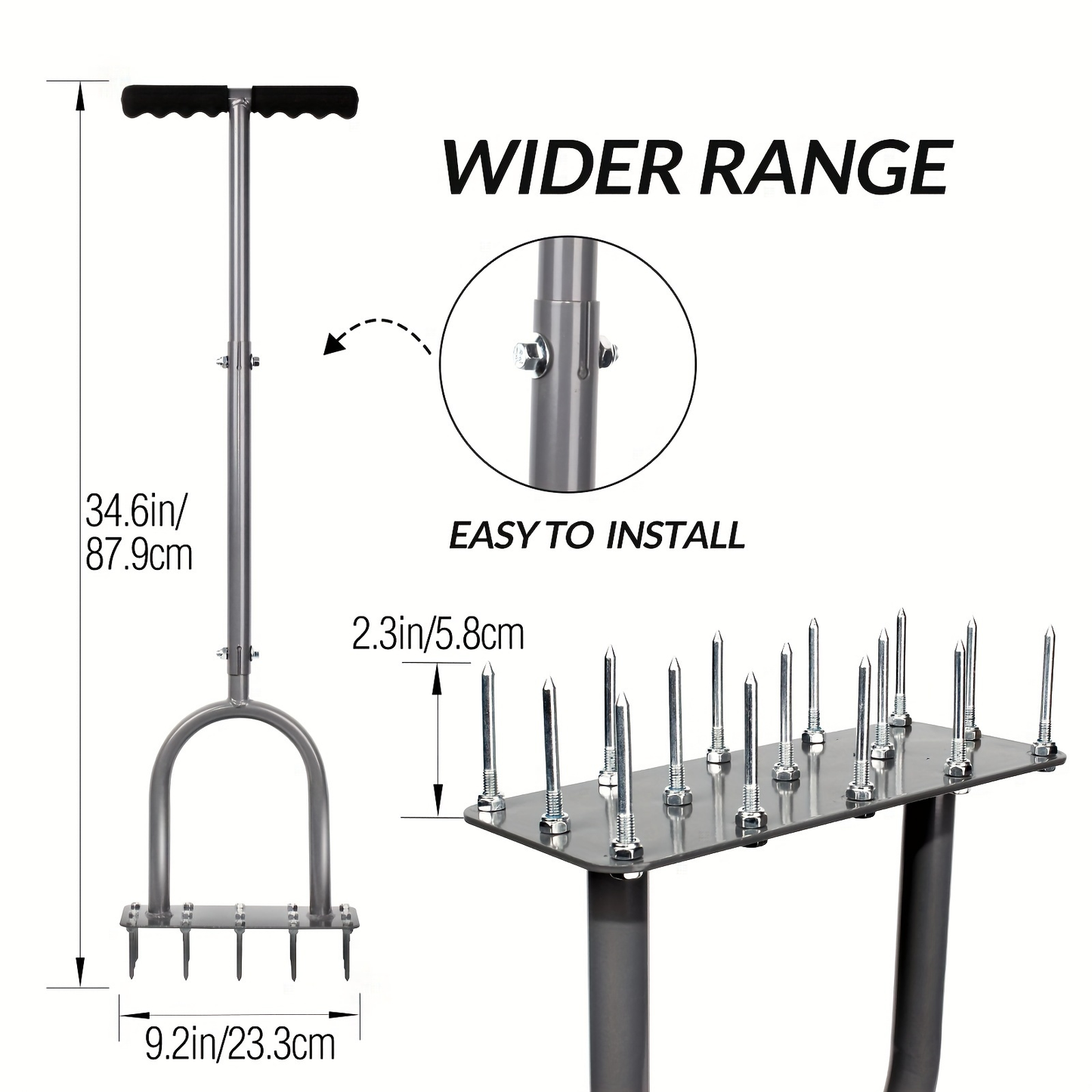 15-Spike Manual Lawn Aerator with T-Handle, 34.6-Inch Shaft and 9.2-Inch Foot Plate in Gray