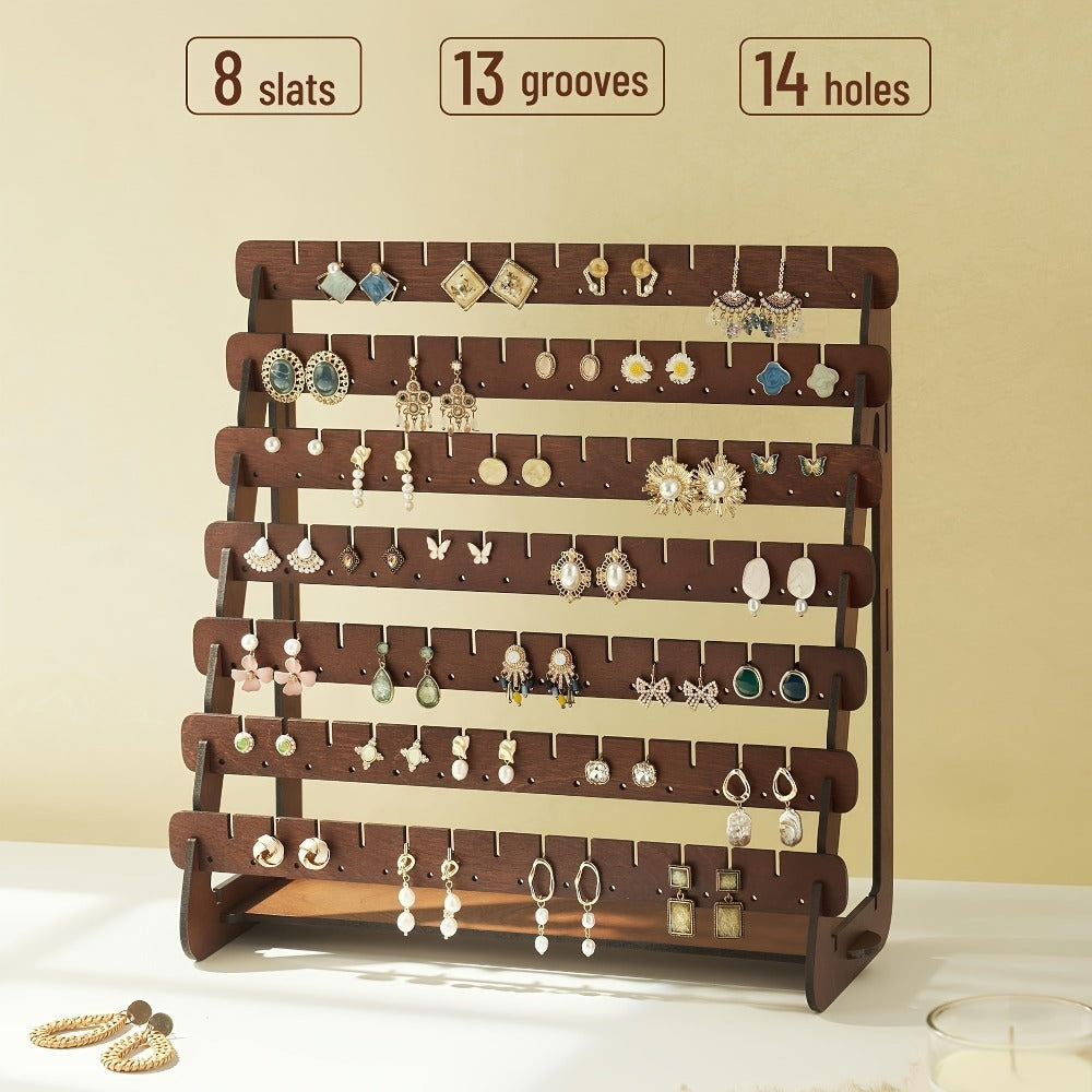 Jewelry Organizer Multi-Grid Brown Tabletop Display Stand with Detachable Panels for Earrings and Rings