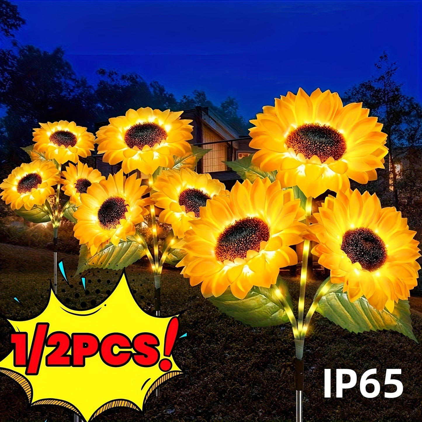 Solar Garden Lights Sunflower Stakes with IP65 Rating and 1- or 2-Piece Pack Options for Path Decor