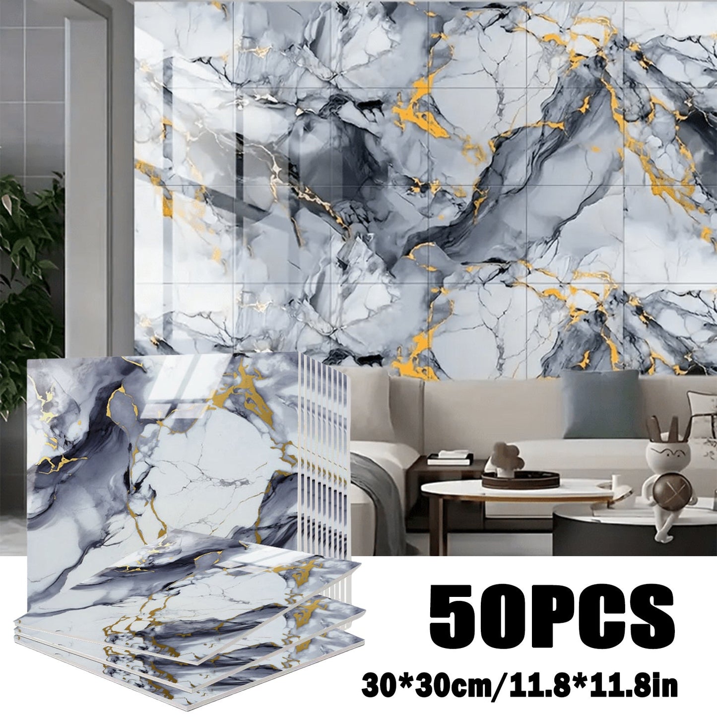 Marble Gold-Vein Wall Tile Sticker Set with 30 cm Panels, Four Colors and 50- or 100-Piece Packs