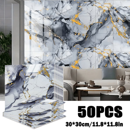 Marble Gold-Vein Wall Tile Sticker Set with 30 cm Panels, Four Colors and 50- or 100-Piece Packs