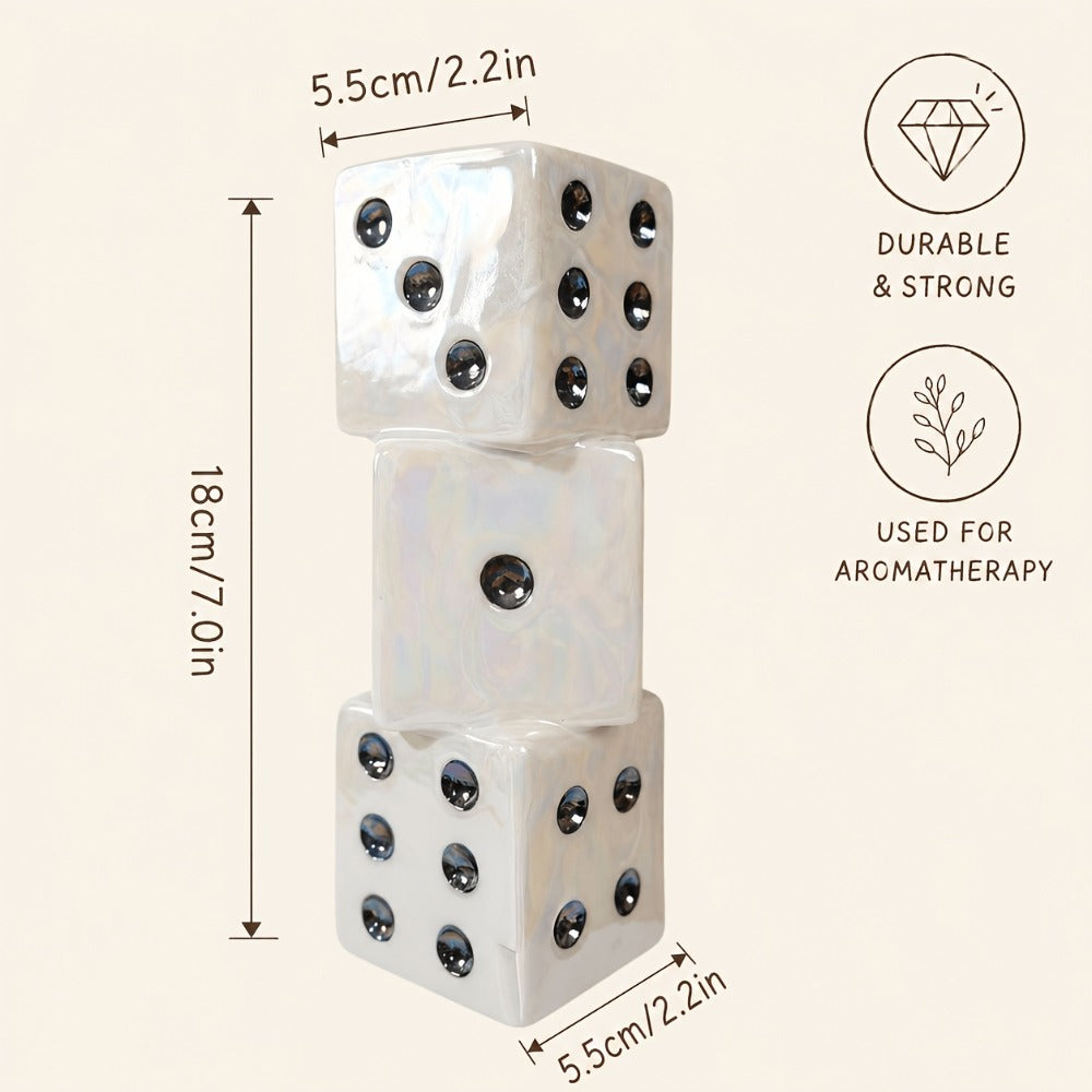 Ceramic Dice-Shaped Decorative Vase in White with Stacked Cube Form and Pips for Dried Flower Displays