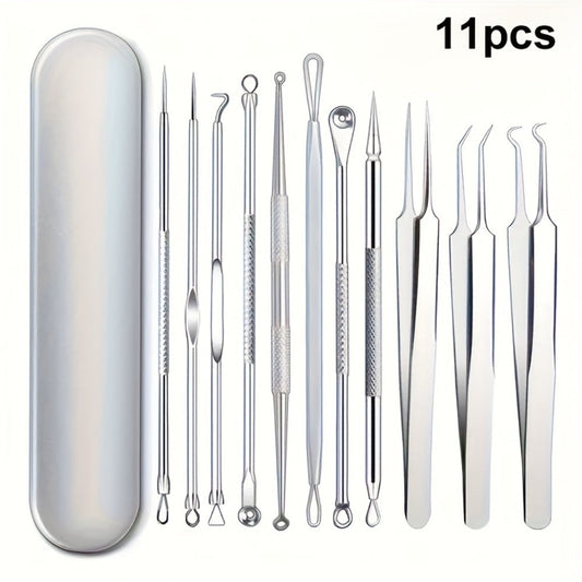 Blackhead Remover Tool Kit 11PCS Stainless Steel Pimple Popper Extractor - Professional Comedone Acne Blemish Zit Removal Set for Face Nose Forehead - All Skin Types with Cosmetic Mirror Option