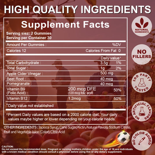 Apple Cider Vinegar Gummies with Pomegranate, Beet Juice & Vitamin B12 — Keto ACV Gummies for Weight Management, Digestion, Energy & Gut Health, Vegan Probiotic Formula, 60 Gummies for Women & Men