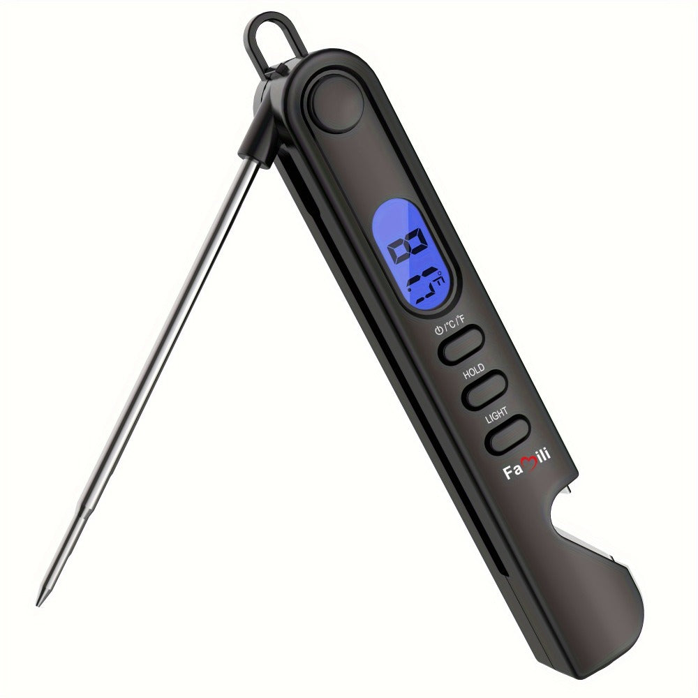 Black Folding Digital Food Thermometer with Backlit Display, Magnetic Back, Hanging Loop and One- or Two-Piece Options