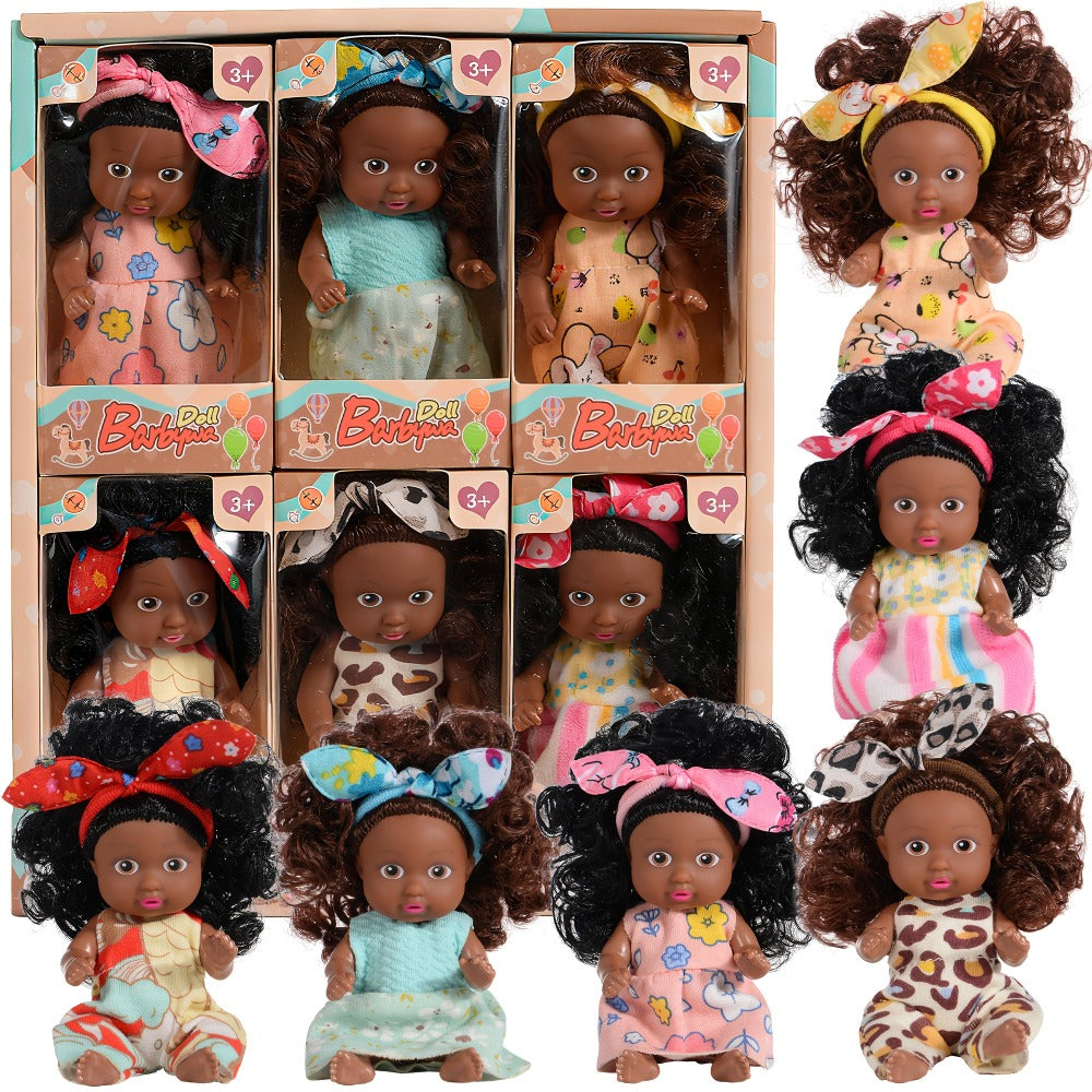 Mini Baby Doll Six-Piece Set with Dark Skin Tones, 4.53-Inch Dolls, Curly Hair and Patterned Outfits