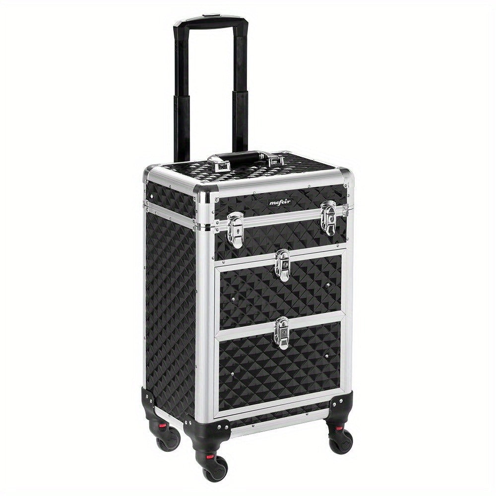 Black Rolling Makeup Train Case with Four Wheels, Telescoping Handle, Three Top Trays and Two Drawers
