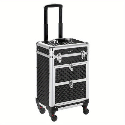 Black Rolling Makeup Train Case with Four Wheels, Telescoping Handle, Three Top Trays and Two Drawers
