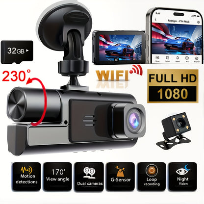 1080P-Labeled Dash Camera with Dual- or Triple-Lens Options, WiFi and 16GB, 32GB or No-Card Bundles