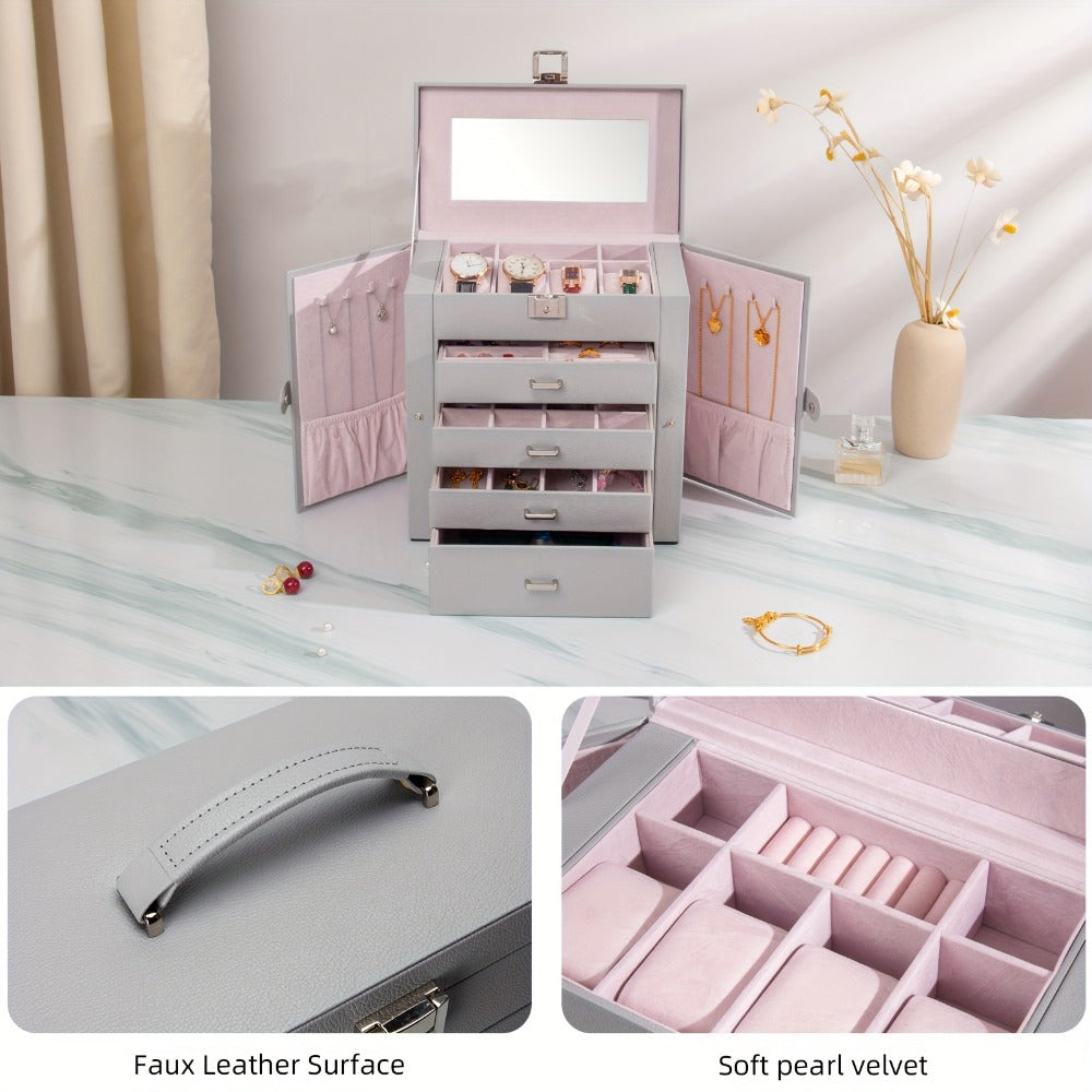 Large Jewelry Box 5-Tier PU Leather Organizer with Lock & Mirror – Storage Case for Bracelets, Earrings, Rings & Necklaces