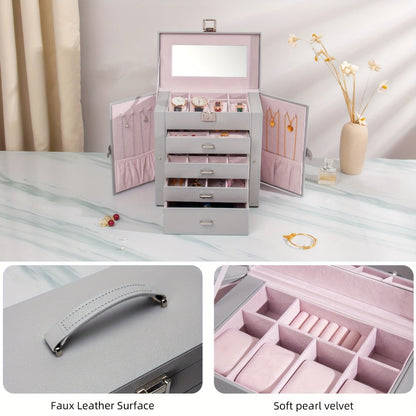 Large Jewelry Box 5-Tier PU Leather Organizer with Lock & Mirror – Storage Case for Bracelets, Earrings, Rings & Necklaces