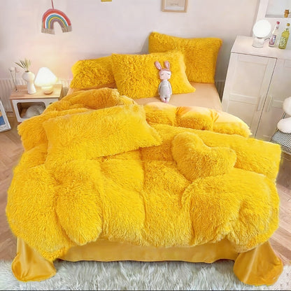 Plush Faux Fur Duvet Cover Set with Heart Pillow, Corner Ties and Twin, Queen or King Sizes in Eight Colors