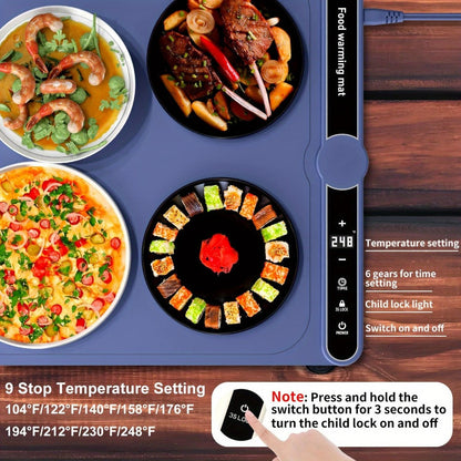 Electric Food Warming Mat with 6 Temperature Levels & 6-Hour Timer – Full Surface Roll-Up Heating Tray for Holiday Parties Buffets Dining Table Keeps Food Warm Blue Beige
