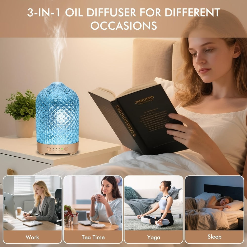 200ml Essential Oil Diffuser with Textured Glass-Style Cover, Seven-Color Light and 2H, 4H or 6H Timer