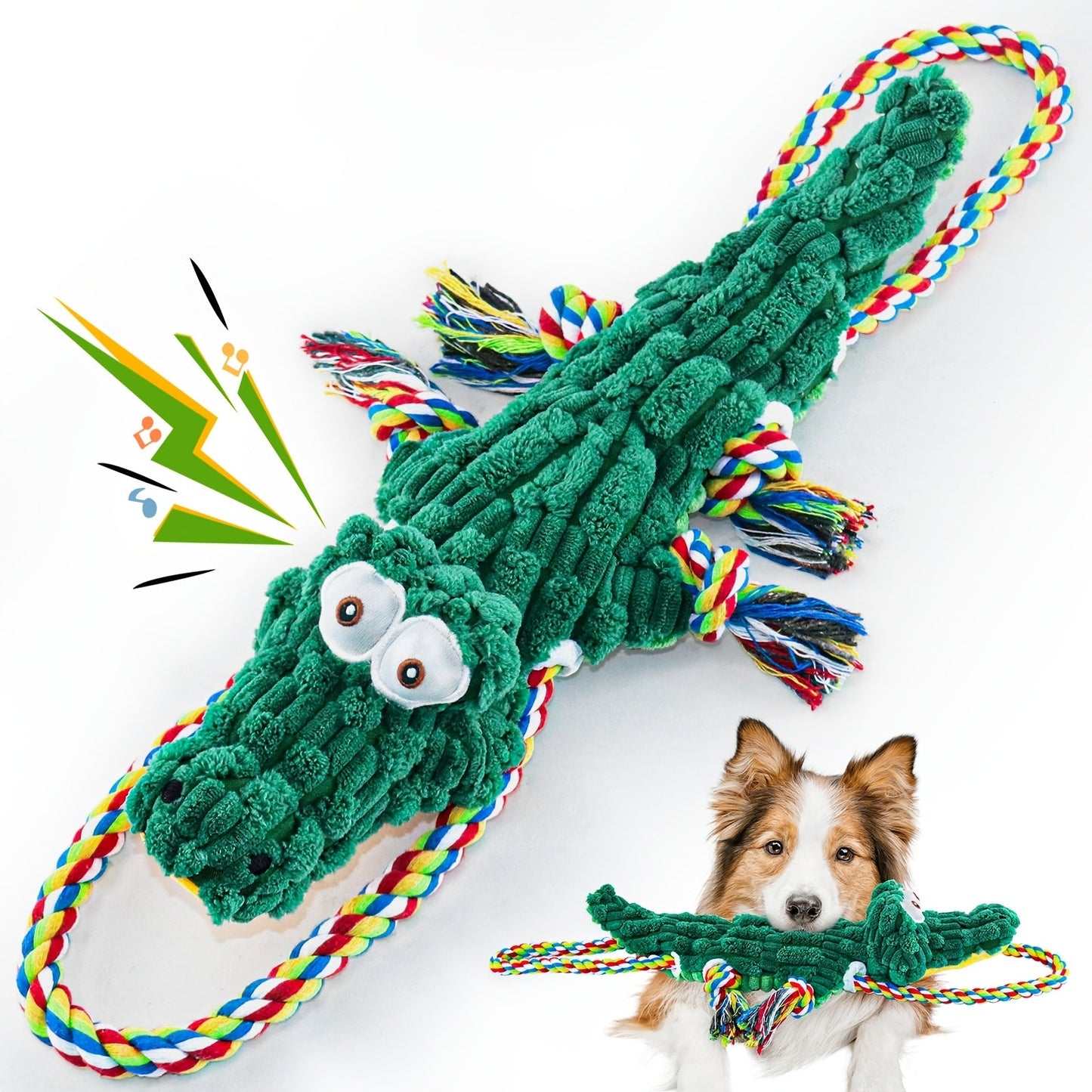 Dog Toy Green Crocodile Rope Tug with Cotton Canvas Body, Knotted Ends and Built-In Squeaker
