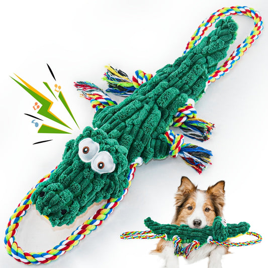 Dog Toy Green Crocodile Rope Tug with Cotton Canvas Body, Knotted Ends and Built-In Squeaker